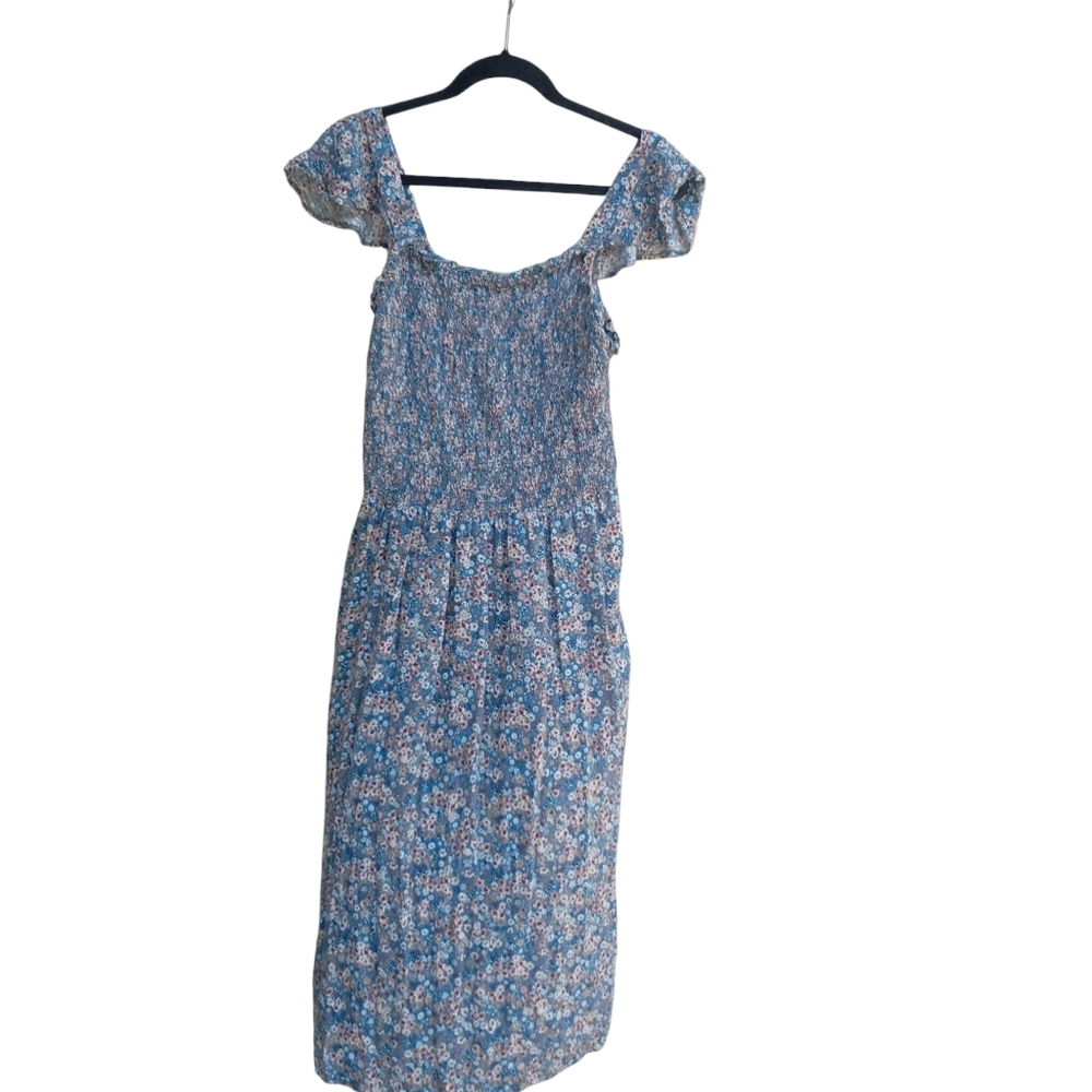 Floral Smocked Dress Blue White Midi Women's Plus 0X Cottagecore Pockets